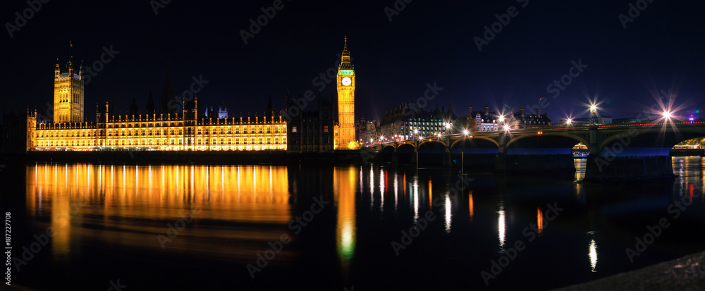 London cityscape with Palace of Westminster with Big Ben and Westminster Bridge at night