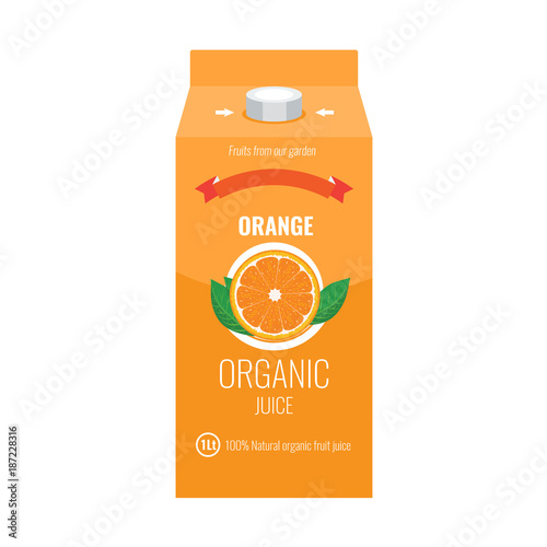 Orange juice box package with solid and flat color design style.