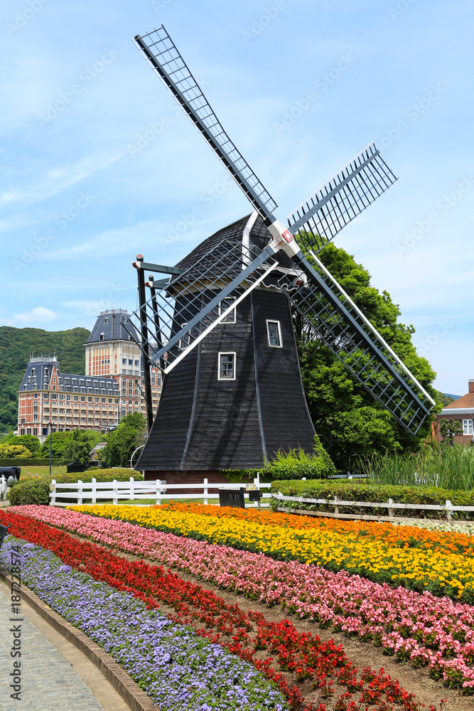 Obraz premium Colorful flower garden with windmill