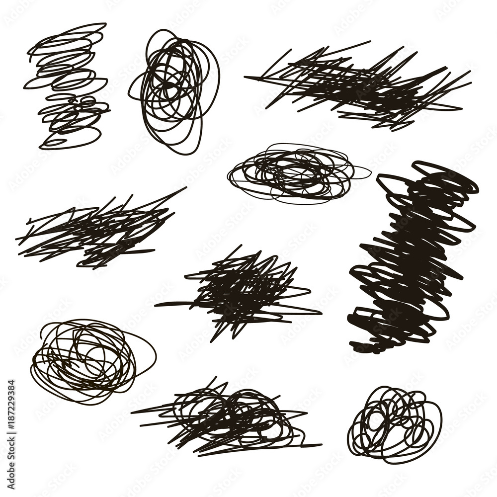 Scribble brush strokes set, vector logo design element. Set of hand