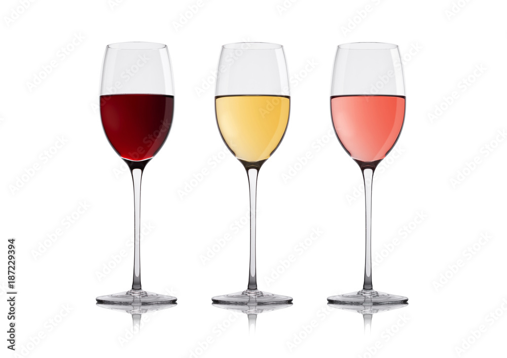 Glasses of white red and pink rose wine on white Glasses of white red and pink rose wine on white