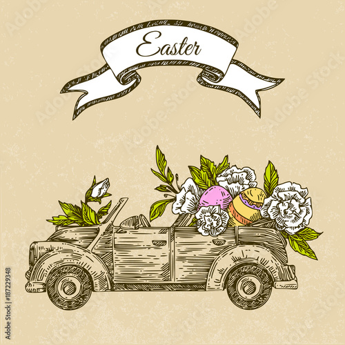 Vintage car with colored Easter eggs decorated with flowers. Engraving style. Color. Vector illustration.