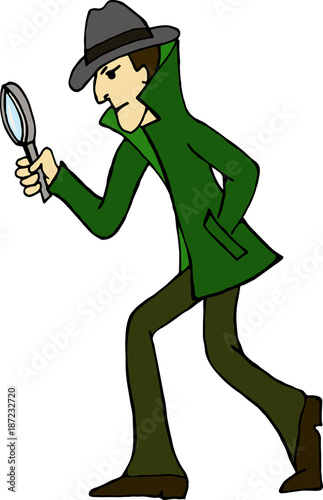Cartoon character. Detective look through magnifying glass.