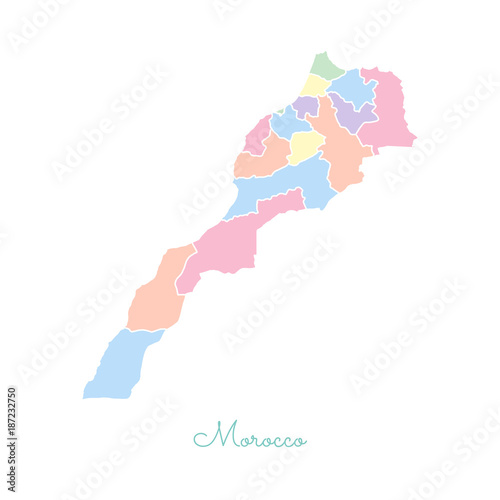 Morocco region map: colorful with white outline. Detailed map of Morocco regions. Vector illustration.