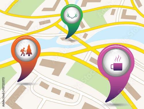 Set of tourism service map pointers on map