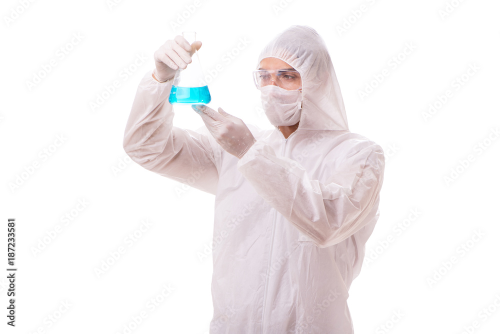 Chemist working with radioactive substances isolated on white ba Chemist working with radioactive substances isolated on white ba