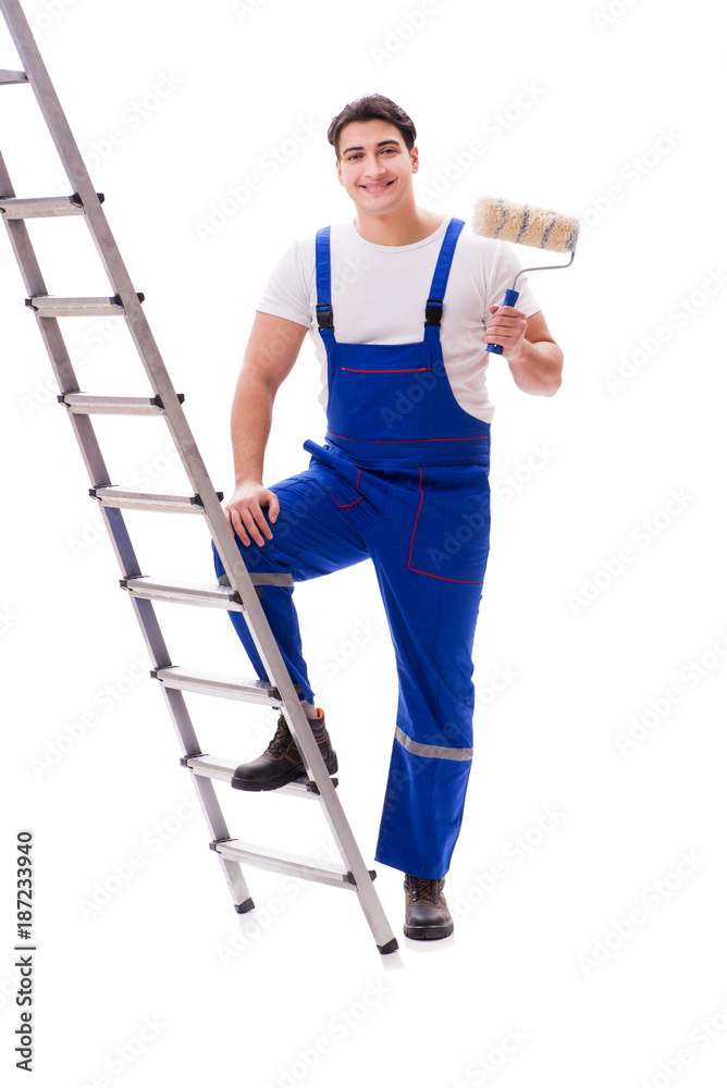 Young painter man with ladder isolated on white background Young painter man with ladder isolated on white background