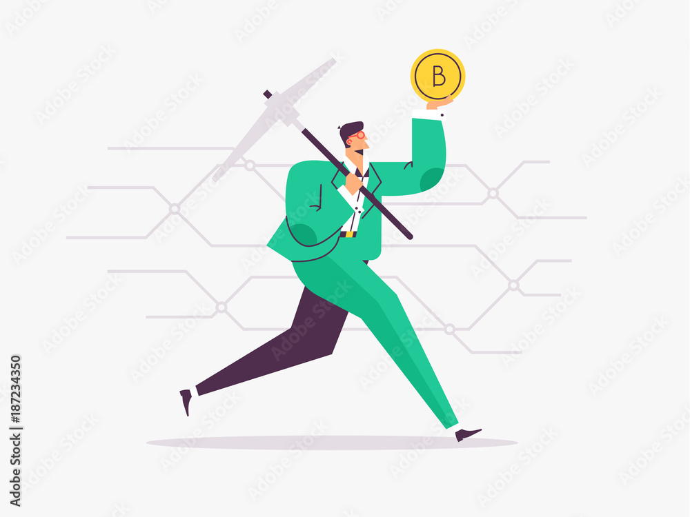 Bitcoin concept vector illustration of businessman holding a pickaxe and a bitcoin, , concept of bitcoin mining.