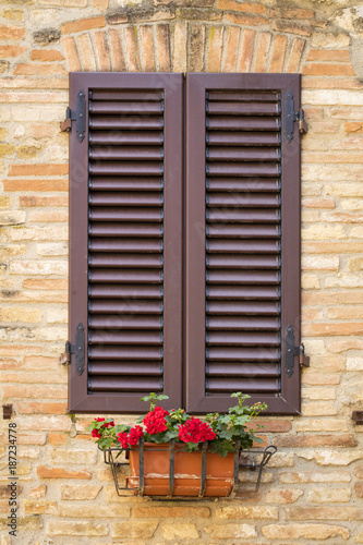 Fototapeta Naklejka Na Ścianę i Meble -  window frame and flowers in vase in Tuscany