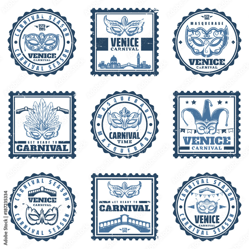 Vintage Traditional Venice Carnival Stamps Set