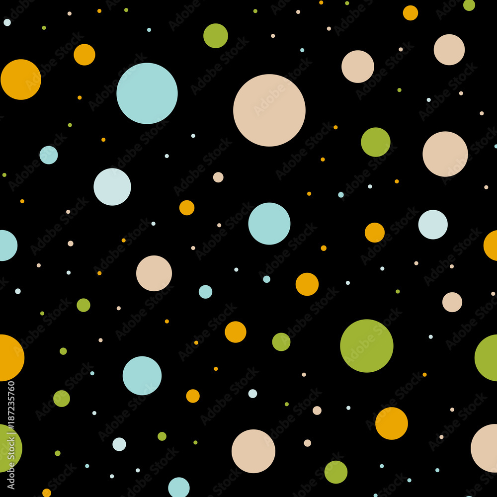 Colorful polka dots seamless pattern on black 1 background. Cute classic colorful polka dots textile pattern. Seamless scattered confetti fall chaotic decor. Abstract vector illustration. Colorful polka dots seamless pattern on black 1 background. Cute classic colorful polka dots textile pattern. Seamless scattered confetti fall chaotic decor. Abstract vector illustration.