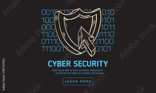 Cyber Security Safety Web Design With A Shield And A Cursor Icons On A Binary Code Background. Artistic Cartoon Hand Drawn Sketchy Line Art.