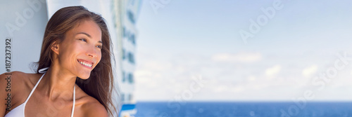 Cruise vacation woman portrait panoramic banner. Asian girl smiling on blue sky background on summer holidays travel. Luxury spa wellness on cruise ship boat.