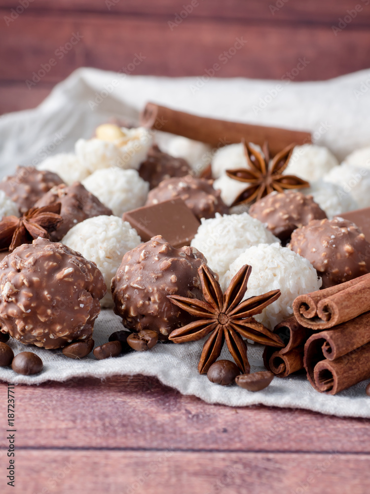 Chocolate Coconut Star Anise Cinnamon Coffee beans on Wooden Background Table Chocolate Coconut Star Anise Cinnamon Coffee beans on Wooden Background Table