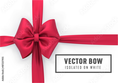 Red color bow and ribbon on white background. Template for greeting card, sale promo or gift certificate. Vector 3d realistic illustration.