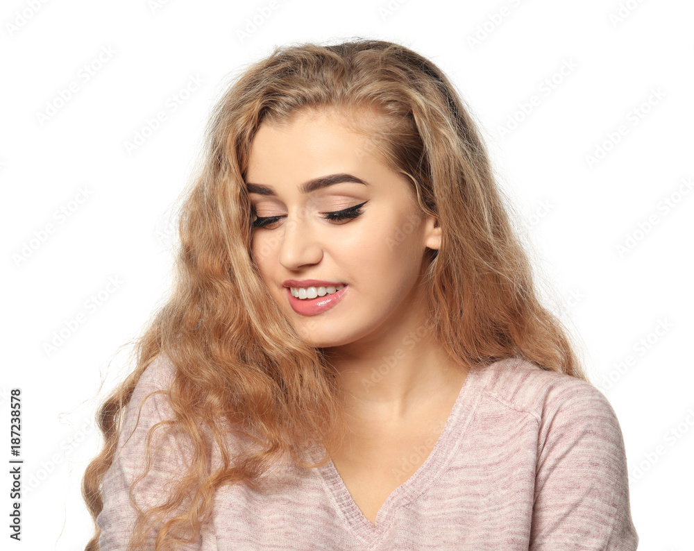 Portrait of beautiful smiling woman on white background