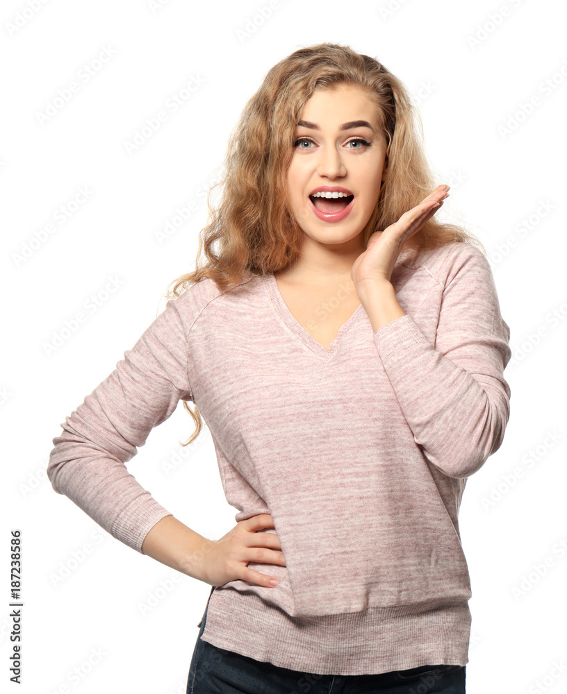 Portrait of beautiful excited woman on white background Portrait of beautiful excited woman on white background