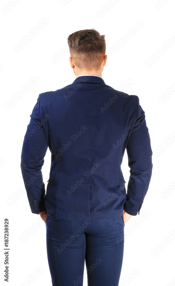 Fototapeta premium Handsome man in formal suit on white background, back view