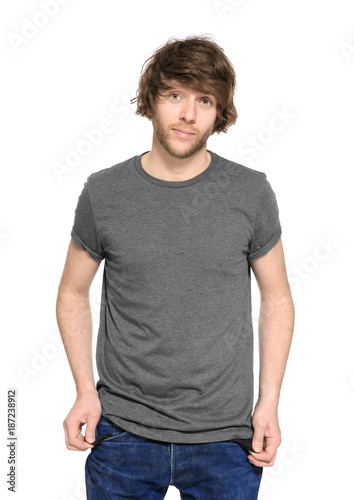 Man showing empty pockets on white background