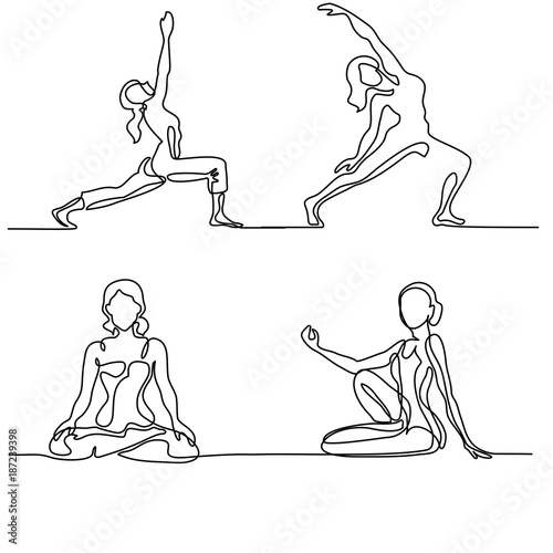 Set Continuous line drawing. Woman doing exercise in yoga pose. Vector Illustration