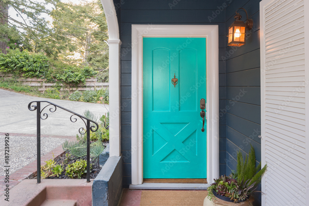 Obraz premium Turquoise Entry Door / Front Door with single cylinder entrance electronic handle-set.