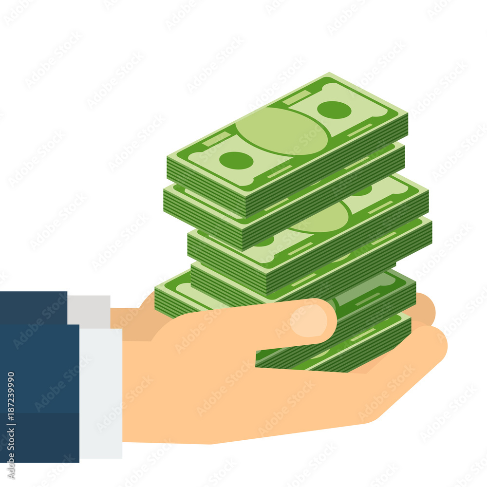 Hand holding pile of money banknotes. Symbol of wealth, success and good  luck. Bank and Finance. Flat vector cartoon illustration. Objects isolated  on a white background. Stock Vector | Adobe Stock