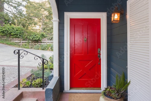 Red Entry Door / Front Door with single cylinder entrance electronic handle-set.
