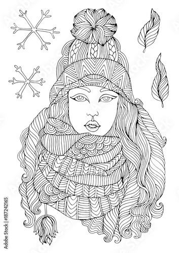 Vector hand drawn fashion girl in a warm knitted hat and voluminous scarf, autumn winter season. Pattern for coloring book A4 size. Coloring book for adults.