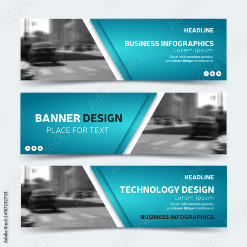 Horizontal business banner templates. Vector corporate identity design, technology background layout. Modern blue website headers