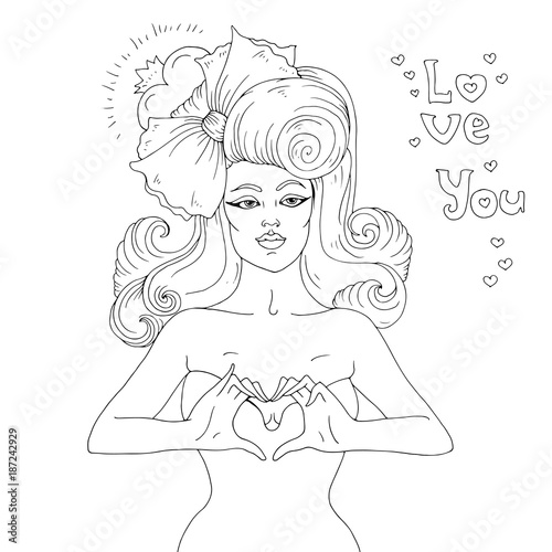 Vector hand drawn retro sexy girl with a bow in her hair. Two hands gesture representing the heart shape. The phrase love you. Isolated on white background
