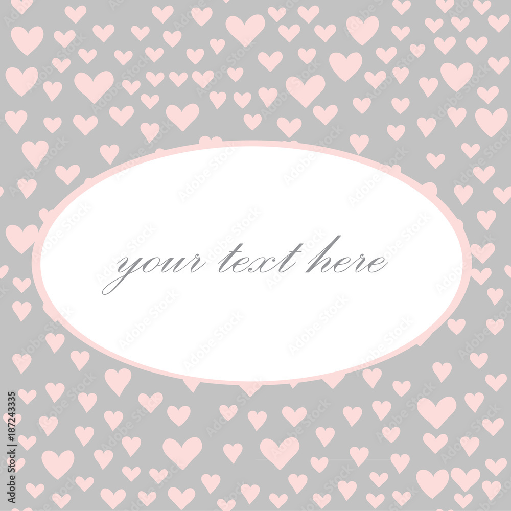 Various pink hearts seamless pattern. Vector illustration on grey background. Place for your text in the white oval in the middle.