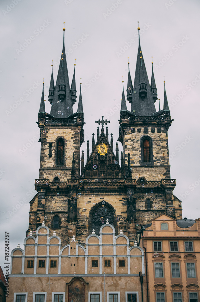 Prague Castle towers on rainy day