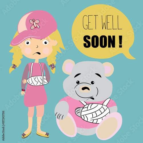 Cute little girl with broken arm in the gypsum with teddy bear with broken arm. Vector illustration on turquoise background. Get well soon. Greeting card.