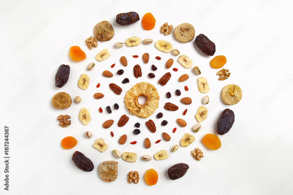 mandala of dried fruits and nuts - symbols of jewish holiday Tu Bishvat mandala of dried fruits and nuts - symbols of jewish holiday Tu Bishvat