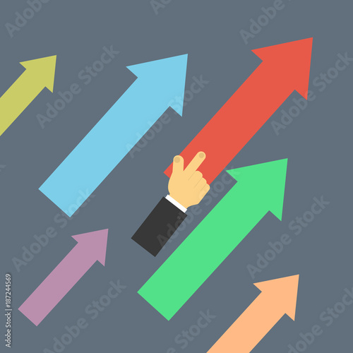 Businessman points the direction with his hand up. The concept of promotion in business. Vector illustration .