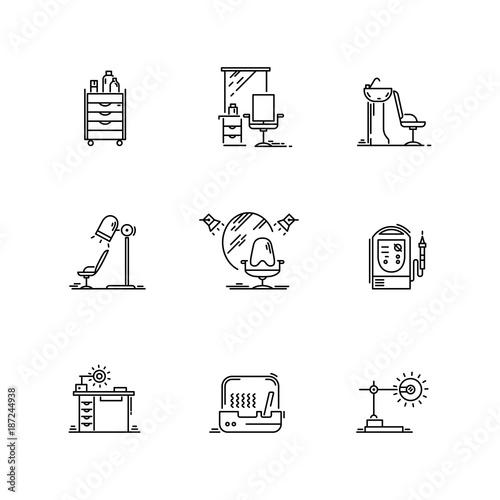 Line icons beauty salon equipment for hairdo, makeup, manicure Shaving and Grooming