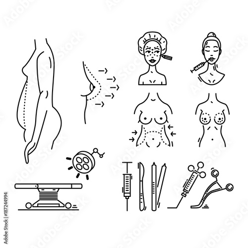Line icons plastic surgery, aesthetic medicine, cosmetic procedure.