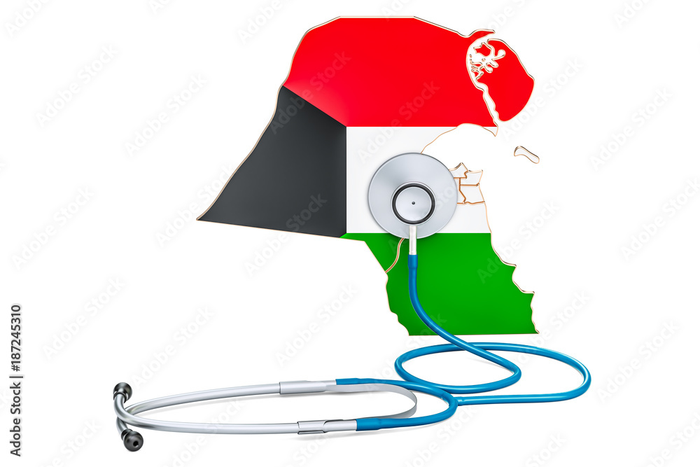 Kuwait map with stethoscope, national health care concept, 3D rendering