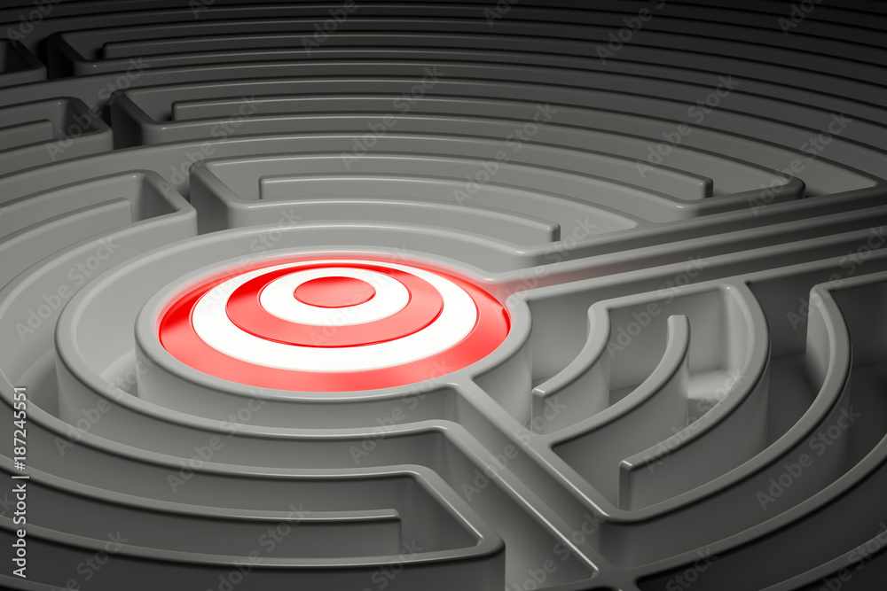 Target inside labyrinth maze. 3D rendering Target inside labyrinth maze. 3D rendering