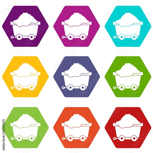 Cart on wheels with coal icon set color hexahedron
