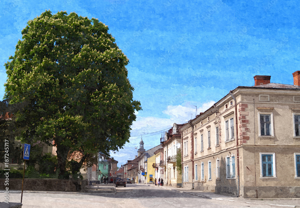 Picture of cozy street in little ukrainian town Berezhany.