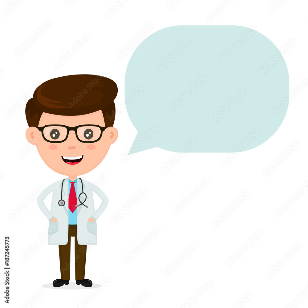 Cute funny smiling doctor with speaking bubble Cute funny smiling doctor with speaking bubble