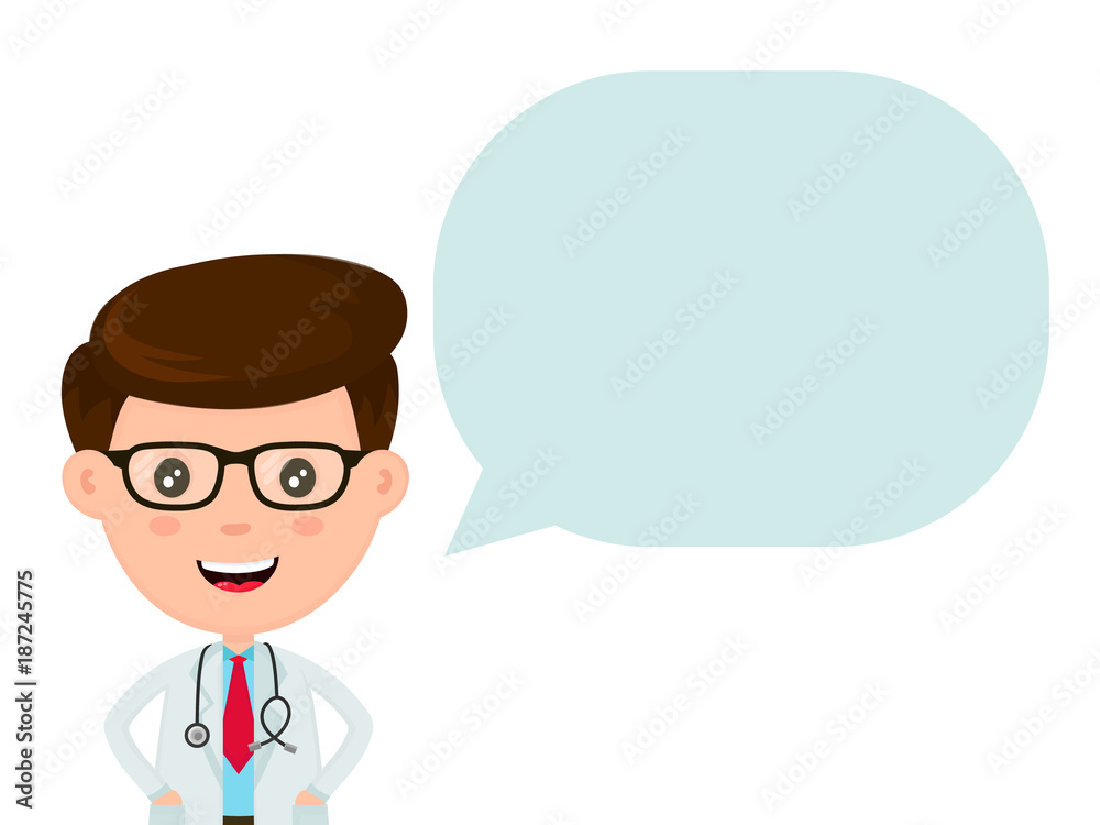 Cute funny smiling doctor with speaking bubble Cute funny smiling doctor with speaking bubble