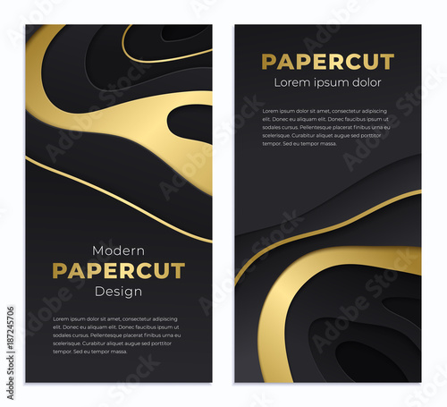 Abstract paper cut background with simple black and golden shapes. Modern vector vertical banner cover design. Realistic 3d layered smooth papercut.