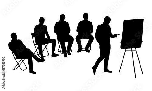 5 male silhouettes in the meeting room, 4 men are sitting on chairs, 1 man writing on a flip chart 