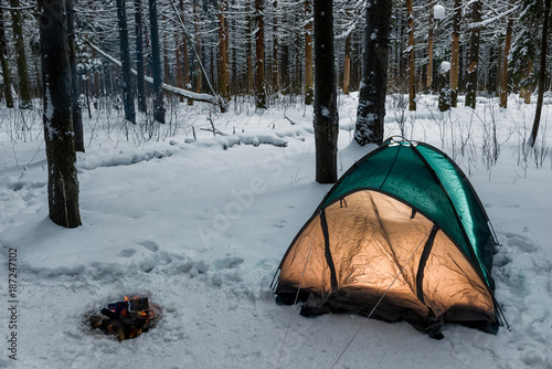 camping in the winter forest in the cold, no people