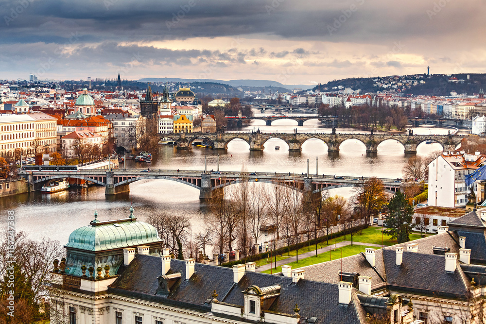 Prague landscape view of Bridges on Vltava