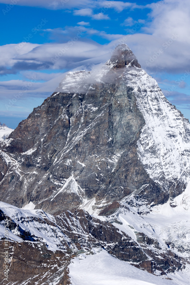 Obraz premium Winter panorama of mount Matterhorn covered with clouds, Canton of Valais, Alps, Switzerland