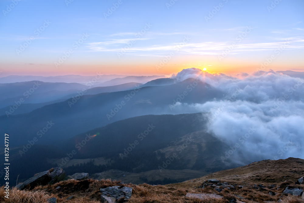 Deep Mountain Valley view at sunrise