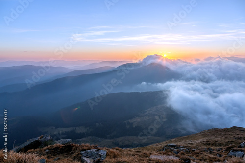 Deep Mountain Valley view at sunrise